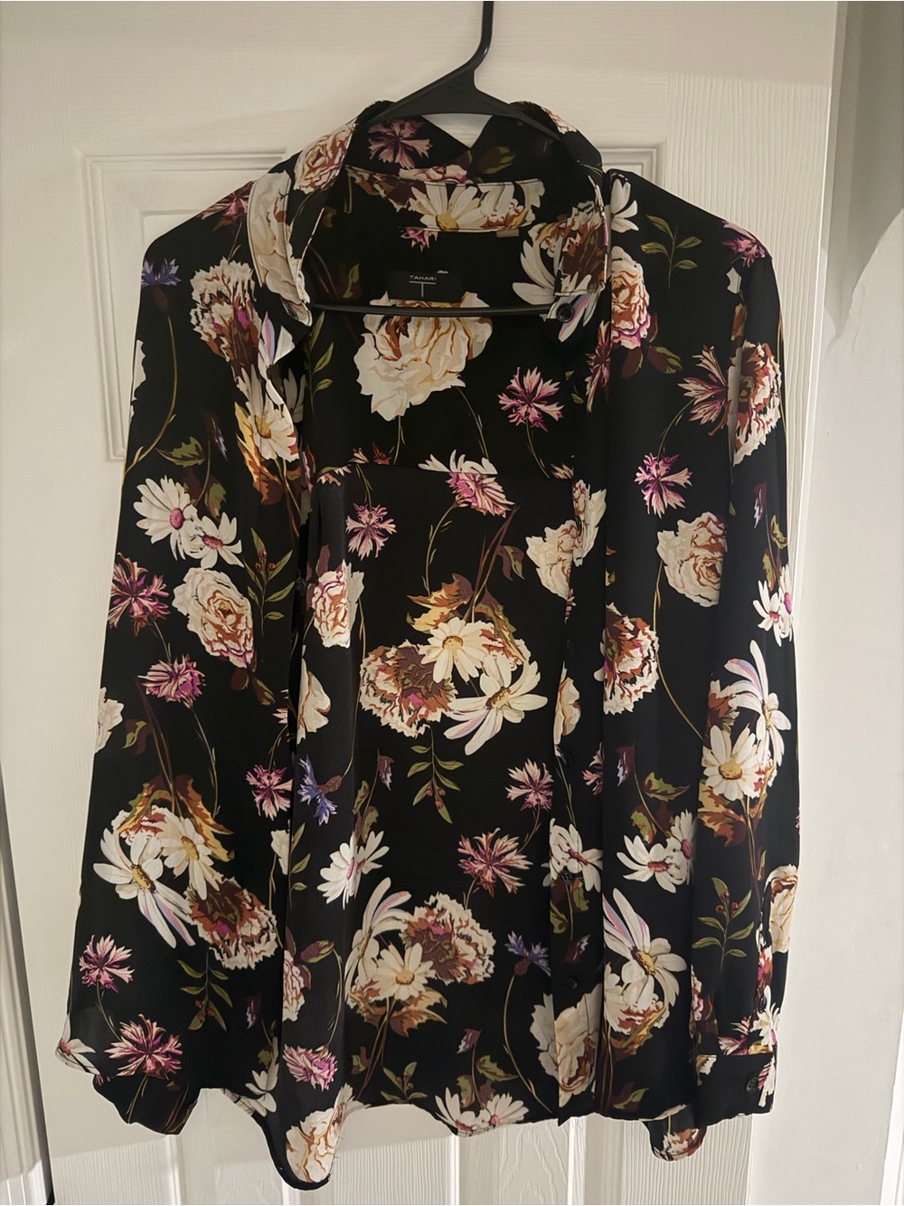 Tahari Black Floral Print Blouse with Cream and Pink Blooms